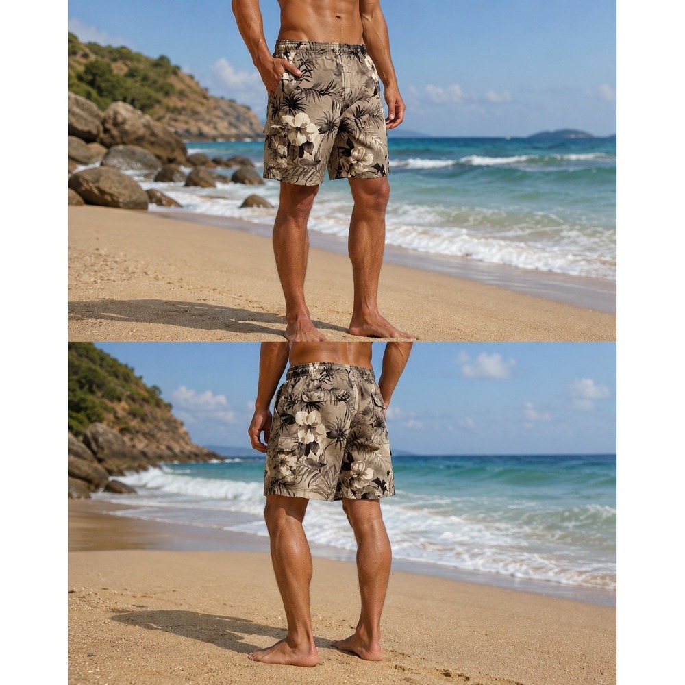 Sand & Sun Men's Hawaiian Floral Cargo Swim Trunks Beige Large Beach Sz Large